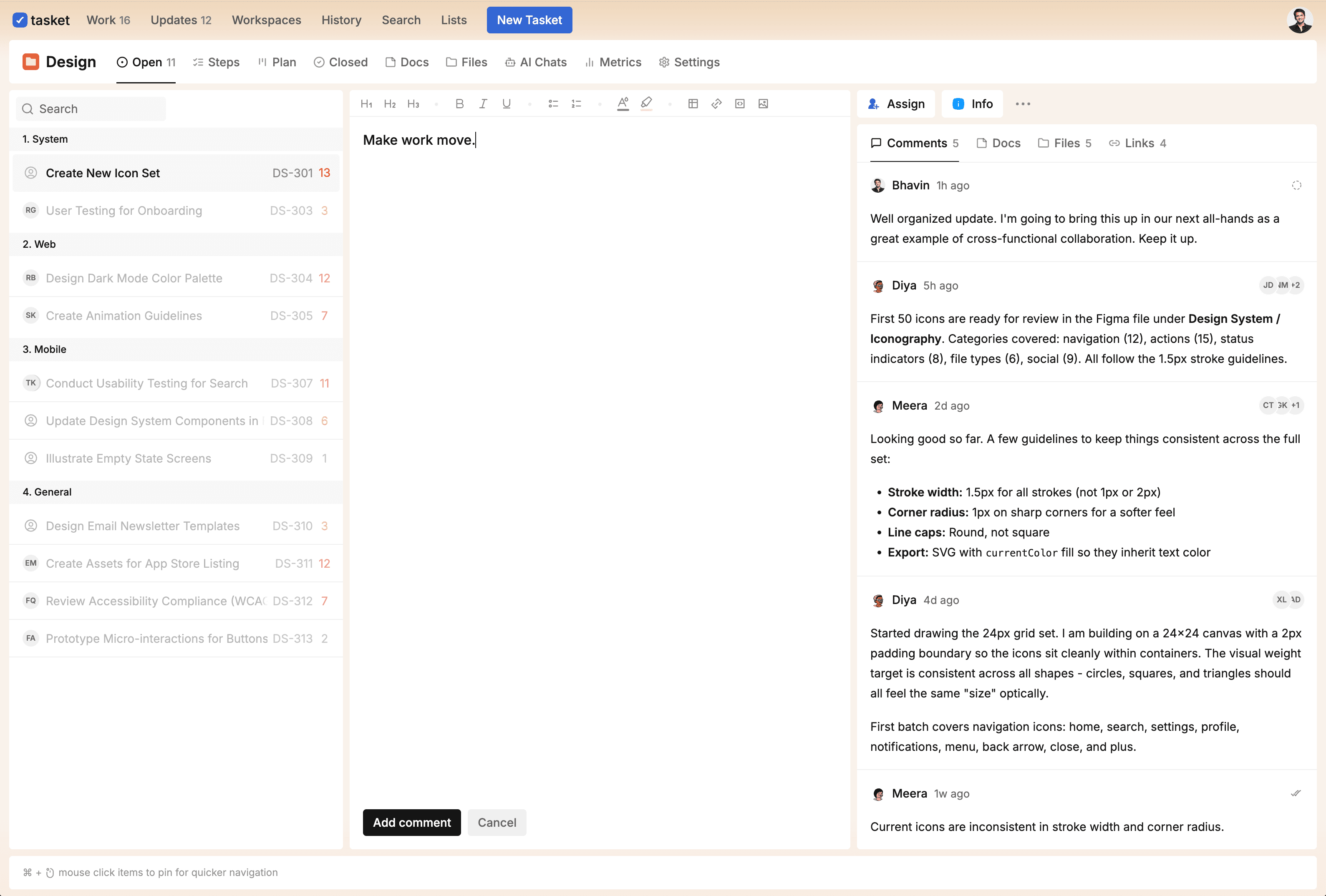 Tasket product interface